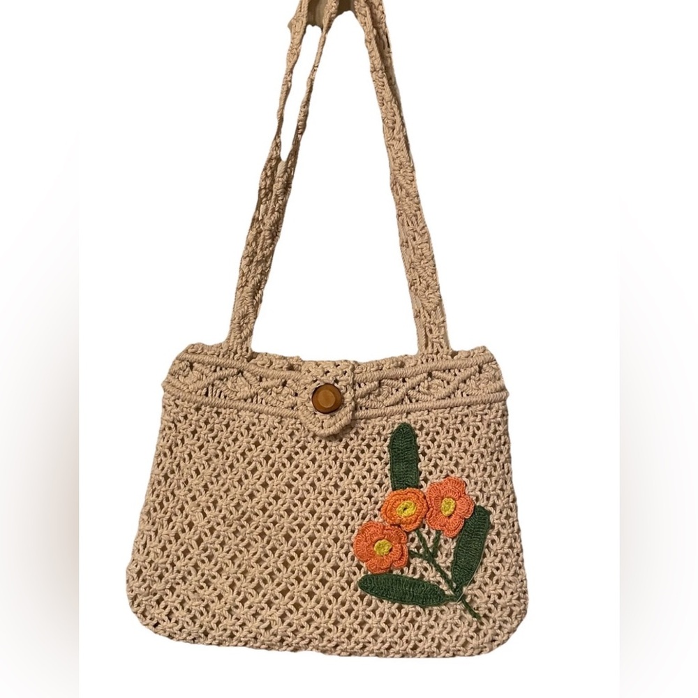Beige Crochet Shoulder Bag with Orange Floral Applique